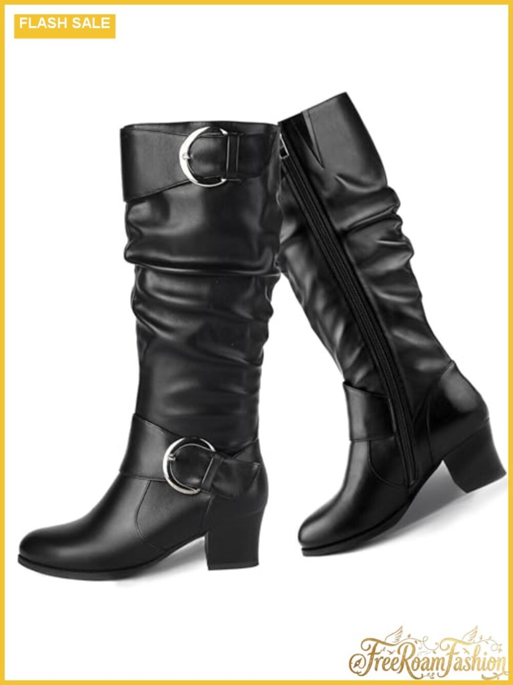 Women's Knee High Slouch Boots Round Toe Buckle Block Mid Heel Riding Boots